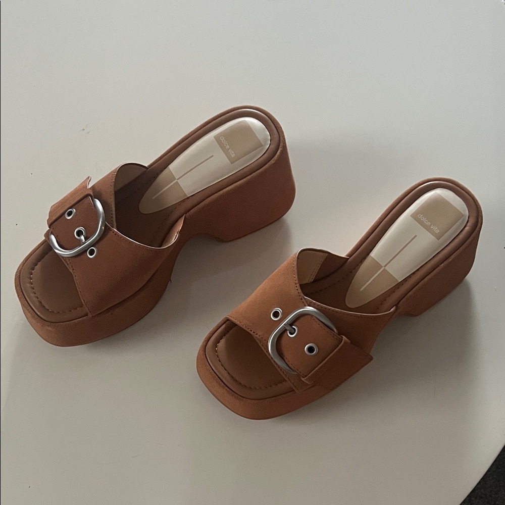 Dolce Vita Tan Platform Mules with Silver Buckle